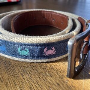 Preppy Nautical Crab Men's Canvas Leather Belt Beige and Blue Size 38